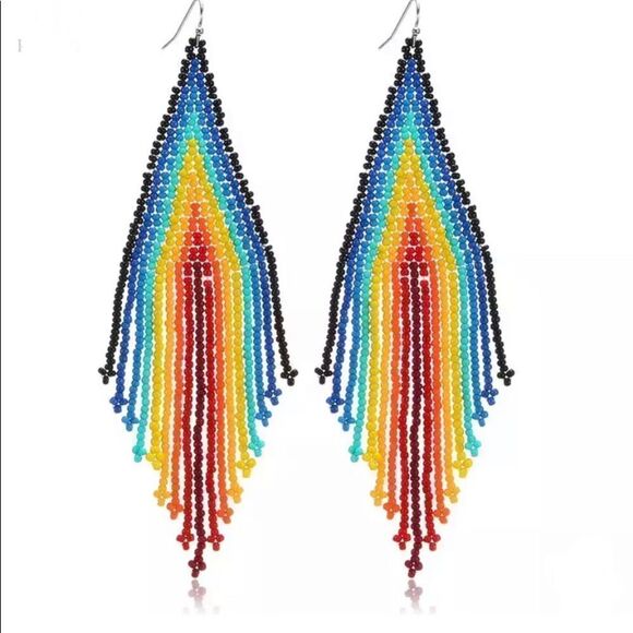 New Free People Beaded Ombré Rainbow Drop Dangle Boho Earrings - Picture 1 of 4
